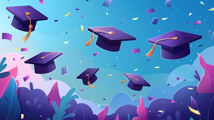 Wall Mural - Student cap, graduation cap, diploma, banner: a triumphant celebration marking the end of the school year, embracing academic achievement and success with the issuance of diploma certificates