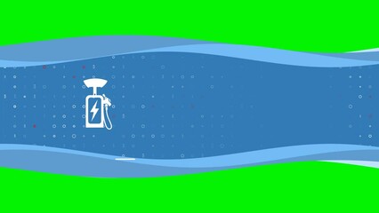 Poster - Animation of blue banner waves movement with white electric charging station symbol on the left. On the background there are small white shapes. Seamless looped 4k animation on chroma key background