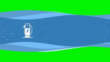 Poster - Animation of blue banner waves movement with white electric charging station symbol on the left. On the background there are small white shapes. Seamless looped 4k animation on chroma key background
