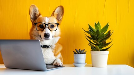 Canvas Print - The dog with glasses and laptop