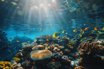 Vibrant underwater coral reef with a plethora of fish and sunbeams piercing through the water surface