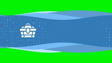 Wall Mural - Animation of blue banner waves movement with white treasure chest symbol on the left. On the background there are small white shapes. Seamless looped 4k animation on chroma key background