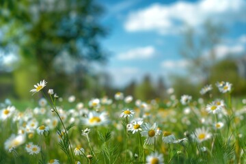 Wall Mural - A field of white daisies with a blue sky in the background