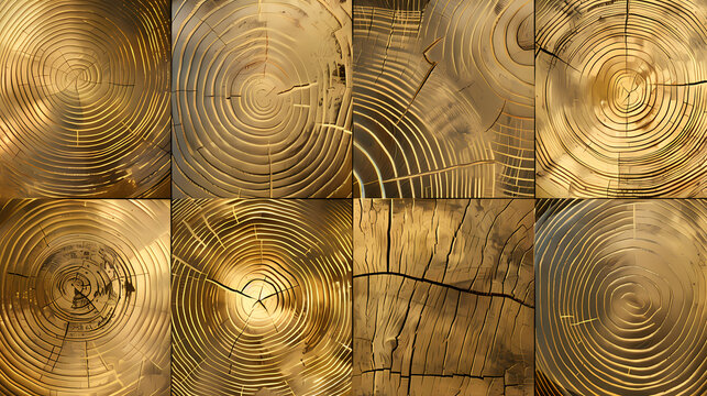 Set of templates. Luxury golden background with wood annual rings texture. Banner with tree ring pattern.