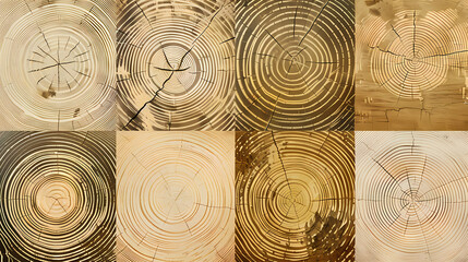 Wall Mural - Set of templates. Luxury golden background with wood annual rings texture. Banner with tree ring pattern.