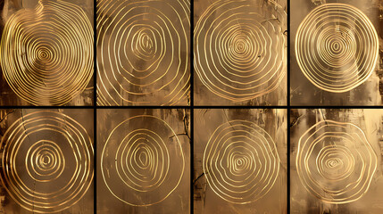 Wall Mural - Set of templates. Luxury golden background with wood annual rings texture. Banner with tree ring pattern.