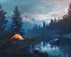 craft a photorealistic oil painting-inspired animation of a wilderness camping site at dusk