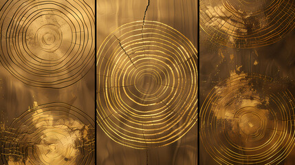 Wall Mural - Set of templates. Luxury golden background with wood annual rings texture. Banner with tree ring pattern.