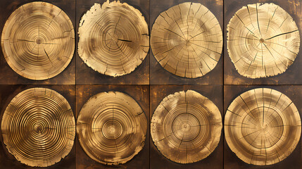 Wall Mural - Set of templates. Luxury golden background with wood annual rings texture. Banner with tree ring pattern.