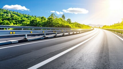 Low angle empty highway road on bright sunny day with blue sky and clouds high resolution photo through green hills