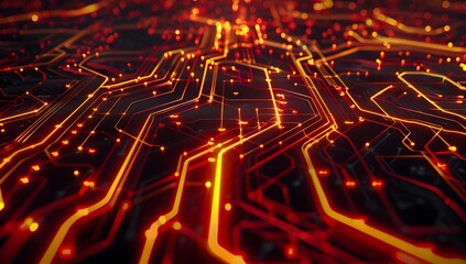 Poster - Cinematic shot of glowing red and yellow digital lines on a black background, representing data flow in an advanced network system
