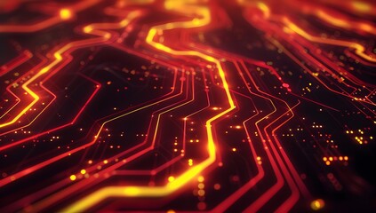 Poster - Cinematic shot of glowing red and yellow digital lines on a black background, representing data flow in an advanced network system
