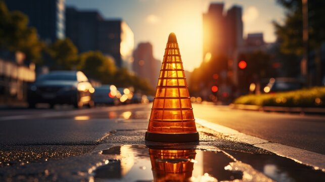 traffic cone on the road in the city
