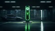 © venusvi - Green neon glowing EV charging station for electric cars in green energy concept.