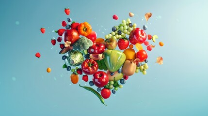 Wall Mural - Colorful healthy vegetables and fruits forming a heart shape. Vibrant food photography. Ideal for promoting healthy lifestyle and nutrition. AI