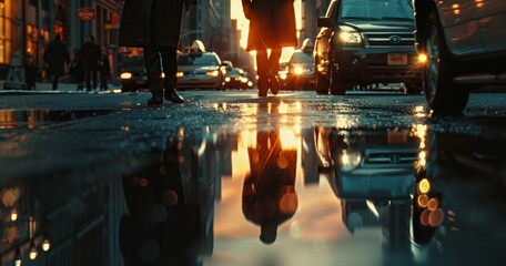 Wall Mural - wet city road after rain closeup, puddles in asphalt of New York, pedestrians walking and cars driving