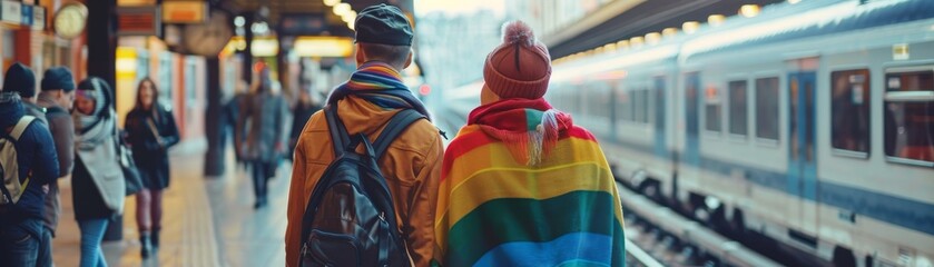 Back view of a couple in a train station, holding hands, rainbowcolored scarves, walking among trains and crowds, vibrant and energetic atmosphere, travel setting