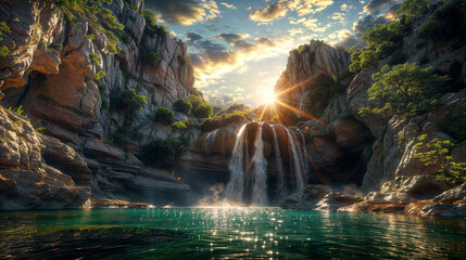 Scenic waterfall and lake with bautiful sky