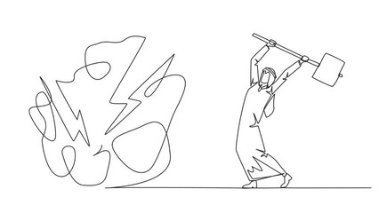 Poster - Animation of continuous one line drawing Arab businessman preparing to hit big mess circle. Eliminate stress, anxiety. Focus on developing business. Achieve big profits. Full length motion