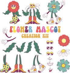 Poster - Retro groovy flower mascot creation kit
