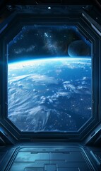 spaceship window with sunrise over planet view, space station porthole illuminator with planetary su