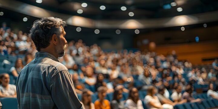 Engaging Speaker Holds Audience's Attention in Packed Hall During Presentation. Concept Public Speaking, Audience Engagement, Presentation Skills, Captivating Speaker, Effective Communication