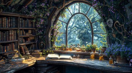 Open book laying on counter of a magical fantasy workshop with a window