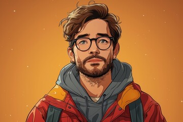 A stylized illustration of a young man with glasses, a beard, and a colorful yellow jacket