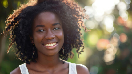 Wall Mural - Close up portrait of a smiling young woman outdoors