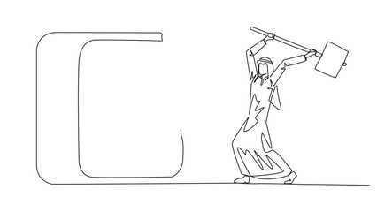 Poster - Animated self drawing of continuous one line drawing Arab businessman preparing to hit big safe deposit box. Boss is furious want to destroy with hammer. Angry. Lost. Full length single line animation