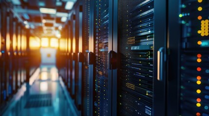 A modern data center featuring rows of server racks with illuminated lights, showcasing advanced technology and secure data storage.