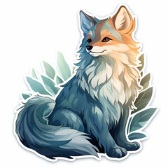 Wall Mural - Illustration of a cute fox sitting on a white background with leaves