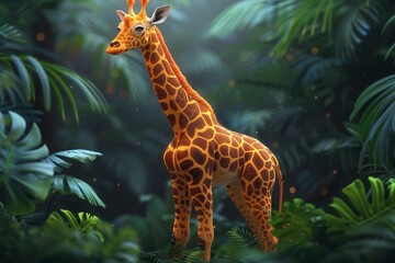 Illustration of a giraffe against a backdrop of dense jungle foliage, exuding a mystical atmosphere