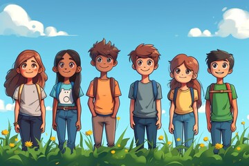 Artistic rendering of a group of six children standing in a sunny meadow, looking happy