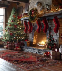 Canvas Print - Christmas Tree by the Fireplace