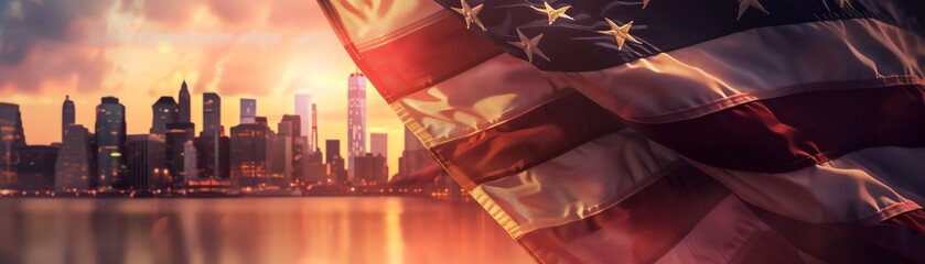 United States Independence Day with a waving flag, close up, flag details, vibrant, Overlay, city skyline backdrop