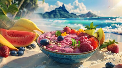 Tropical fruit smoothie bowl, vibrant colors, beach setting, natural light, high detail, cinematic lighting, 8k