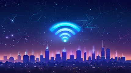 Wall Mural - Modern city with wireless network connection and city scape concept. Wireless Signs Encompassing the Globe.