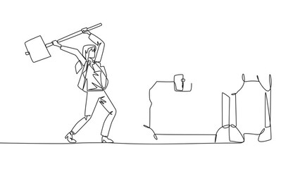 Poster - Self drawing animation of continuous one line drawing businesswoman preparing to hit big treasure chest. Rampage. Running out of capital. Steal. Dirty business. Not a commendable. Full length animated