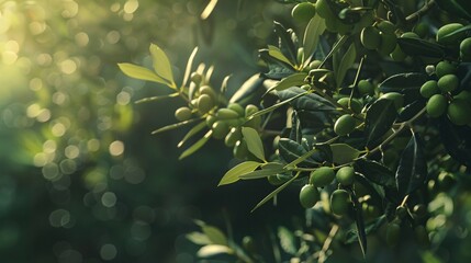 bright daylight, close-up of an olive branch with olives, Mediterranean setting, natural light, rich green and black, high detail, 4k
