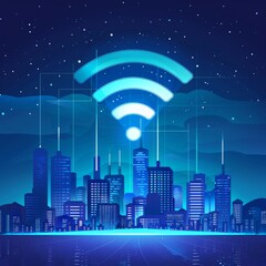 Sticker - Modern city with wireless network connection and city scape concept. Wireless Signs Encompassing the Globe.