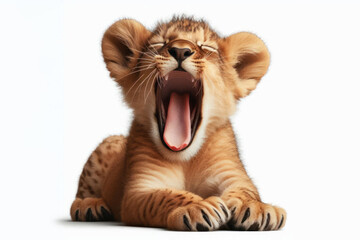 african lion cub yawning and stretching Isolated on white background