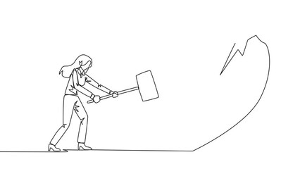 Poster - Self drawing animation of single one line drawing businesswoman preparing to hit big heart. Rampage. Broken heart. Loss of concentration. Emotional feeling. No direction. Angry. Full length animated