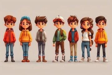 Wall Mural - Digital art piece featuring a lineup of teenage characters with a spotlight on contemporary streetwear