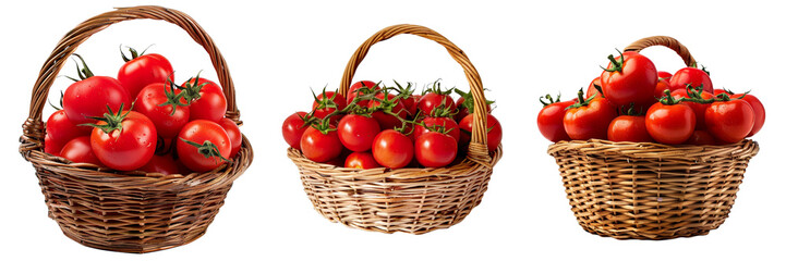 Set of basket filled to the brim with ripe, vibrant red tomatoes, beautifully arranged isolated on a transparent background