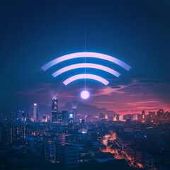 Wall Mural - Modern city with wireless network connection and city scape concept. Wireless Signs Encompassing the Globe.