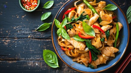 Poster - A colorful dish of Pad Kee Mao, or drunken noodles, stir-fried with chicken, basil, and fresh vegetables