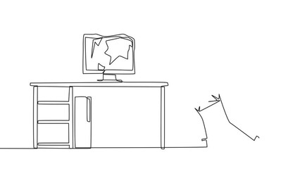 Poster - Animation of single continuous line drawing businessman preparing to hit the computer monitor on the work desk. Stocks that don't rise. Didn't get any profit. Anger escalated. Full length motion