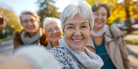 Group selfie, senior pals, park with grin, face, and excitement, hug, caring, and outdoor. Happy elderly man, woman, nature portrait for remembrance, photography, or profile picture.