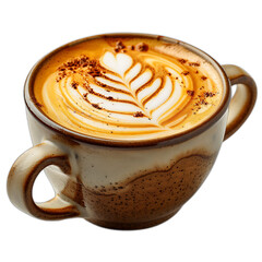 frothy cappuccino with latte art cut out on an isolated transparent background